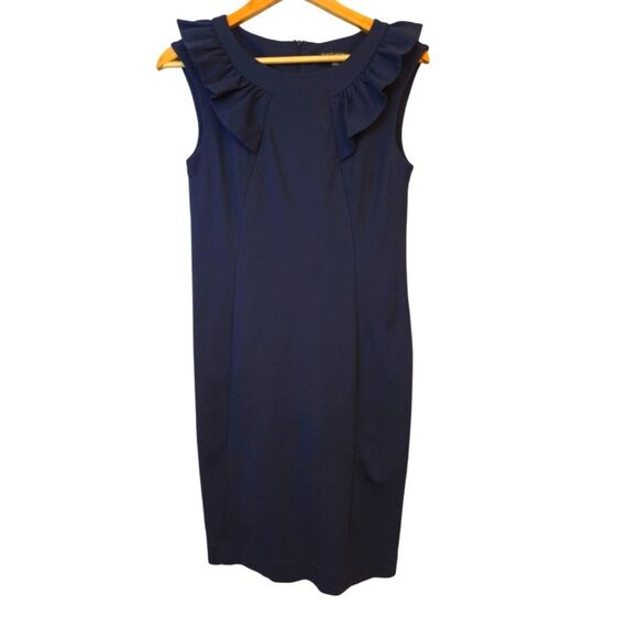 Banana Republic Gail Sheath Sleeveles Dress Elegant Navy Blue Ruffle Top Size 6 - Picture 1 of 13